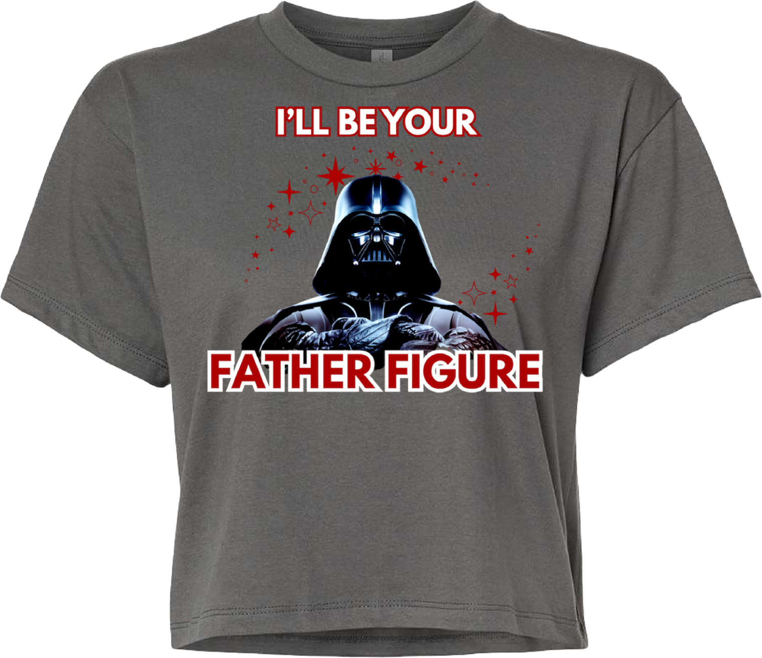 Dark gray crop top featuring a sci-fi villain with text 'I'll Be Your Father Figure'